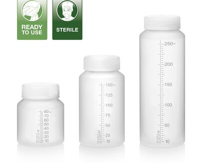 Medela Einwegflaschen können direkt aus der Verpackung ohne vorherige Reinigung verwendet werden. Entsorgen Sie sie nach Gebrauch.