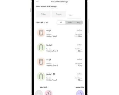 Foto dell'App Medela Family sulla schermata di conservazione virtuale del latte