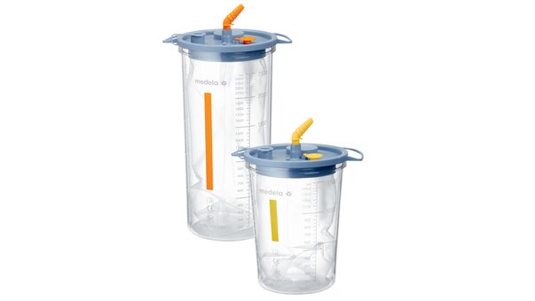 Il vaso di aspirazione Medela Disposable Collection System (DCS), giallo per 1500cc e arancione per 2500cc, da utilizzare con le pompe chirurgiche.