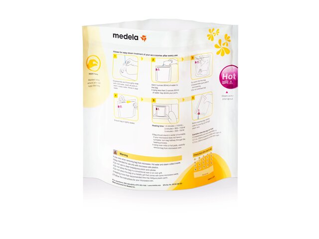 Die Rückseite eines Medela Quick Clean™ Mikrowellenbeutels.