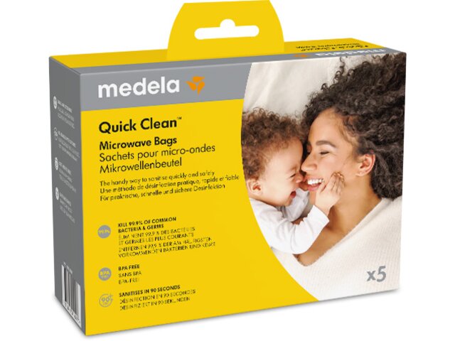 Einzelhandelsverpackung für Medela Quick Clean™ Mikrowellenbeutel, 5er-Pack.